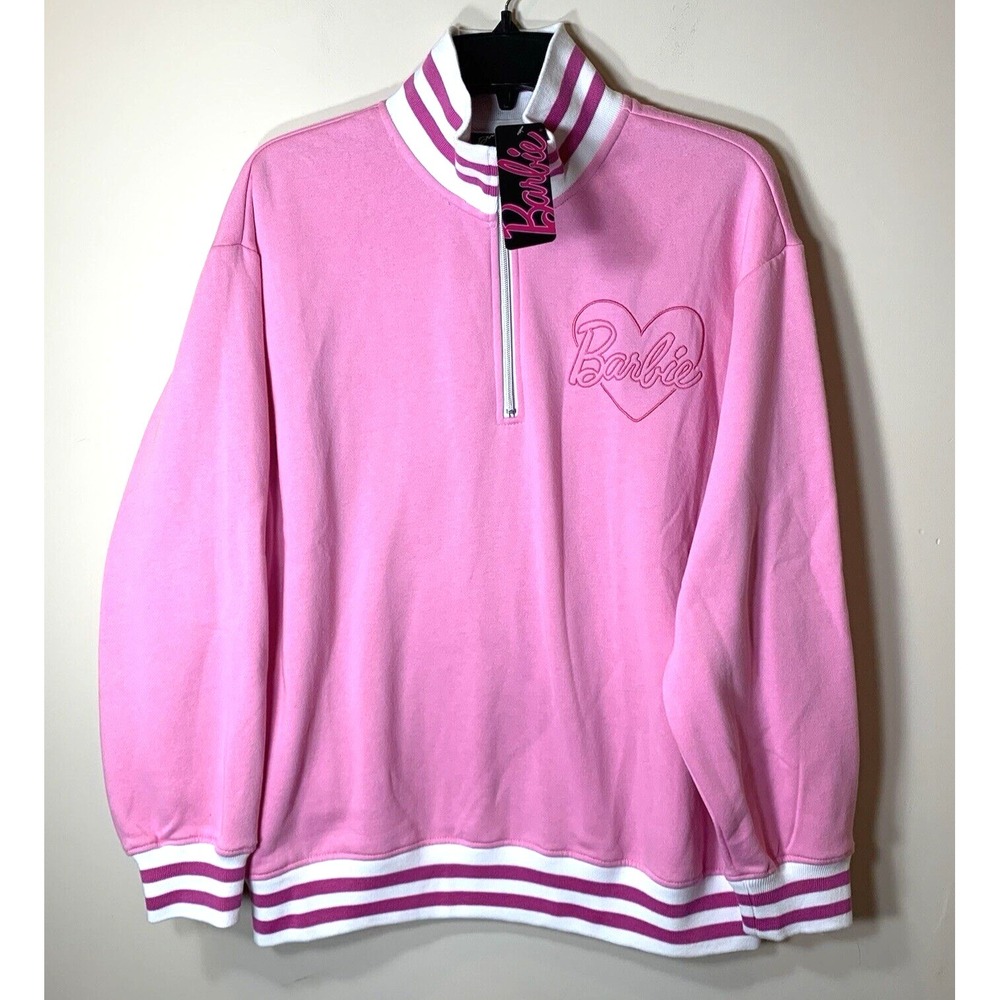 NEW‎ BARBIE Sweatshirt Womens Medium Pink Stripe 1/4 Zip Pullover Cotton Blend